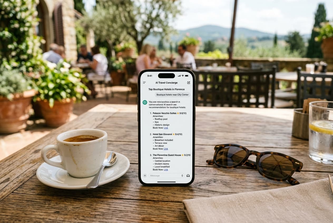 Smartphone on outdoor hotel cafe table displaying AI concierge recommending boutique hotels