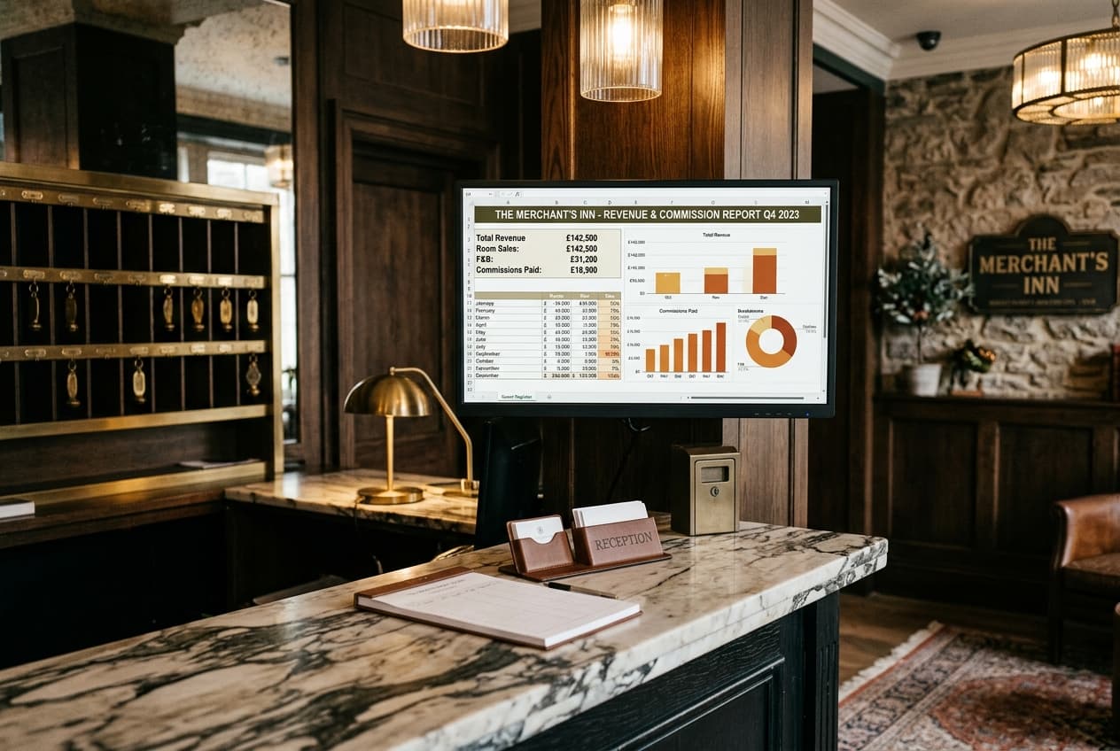 Boutique hotel reception desk displaying revenue report and OTA commission breakdown on screen