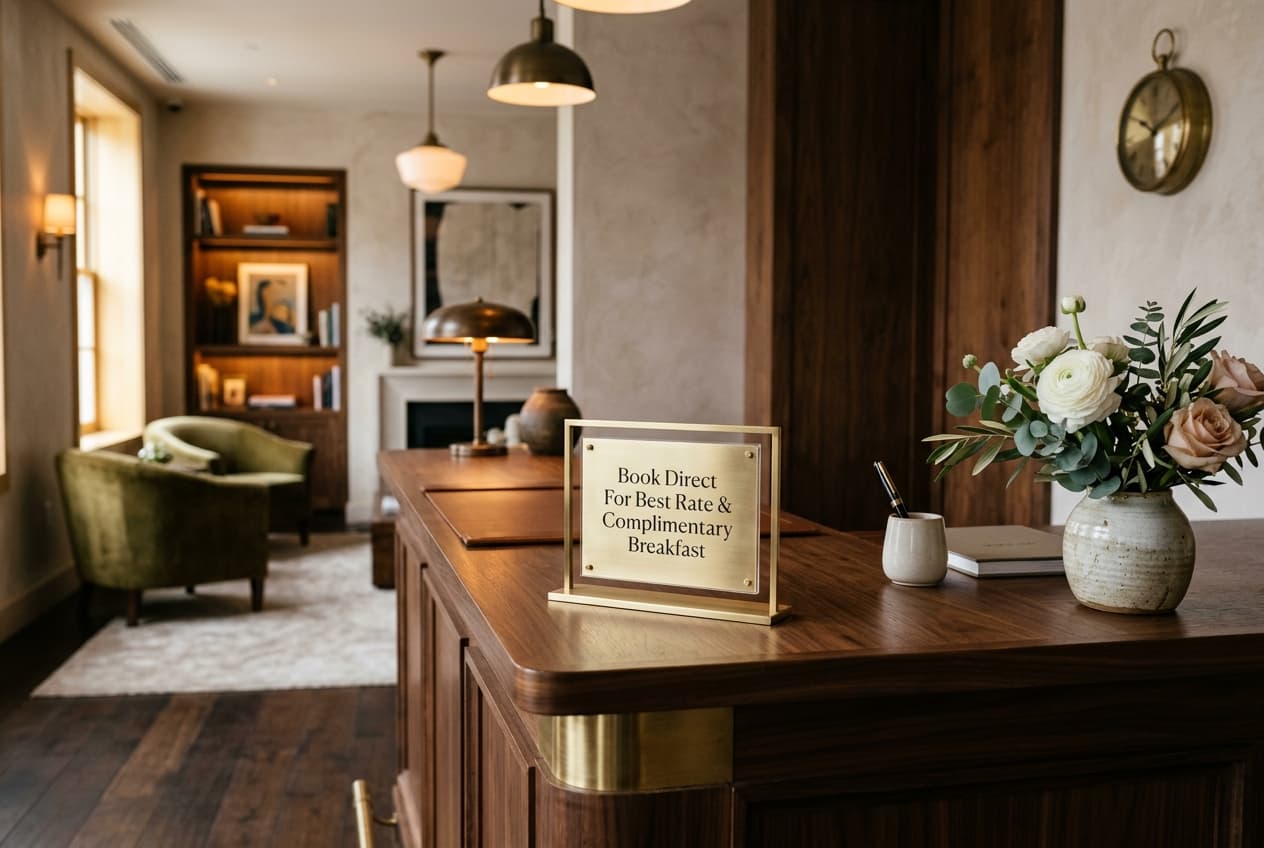 Boutique hotel front desk with elegant brass Book Direct guarantee sign and floral arrangement