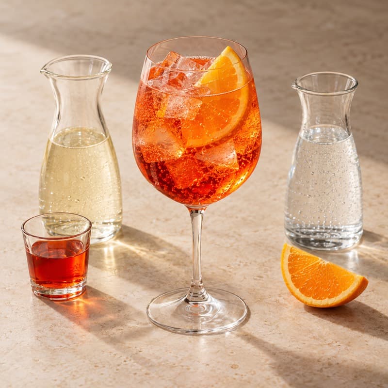AI-generated illustration of a Alcohol-free Bitter Spritz in a large stemmed wine glass