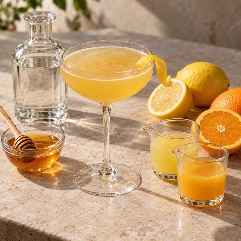 AI-generated illustration of a Bee’s Knees in a cocktail coupe