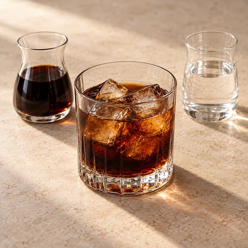 AI-generated illustration of a Black Russian in a old fashioned glass