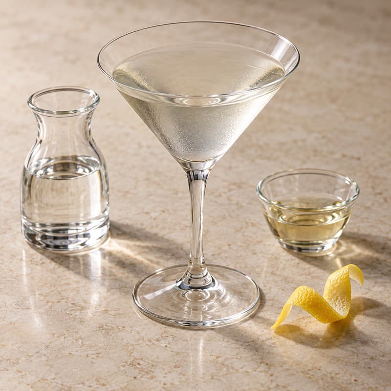 AI-generated illustration of a Dry Martini in a chilled martini / cocktail glass
