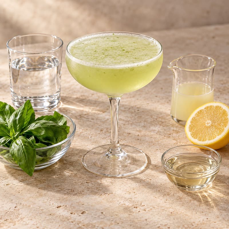 AI-generated illustration of a Gin Basil Smash in a chilled cocktail coupe