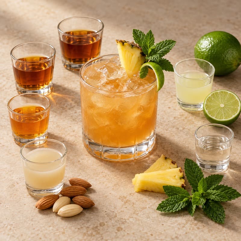 AI-generated illustration of a Mai Tai in a double rocks glass