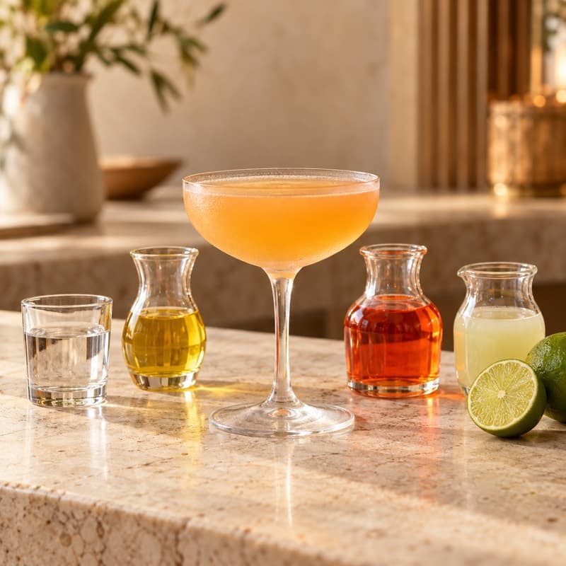 AI-generated illustration of a Naked and Famous in a chilled cocktail coupe
