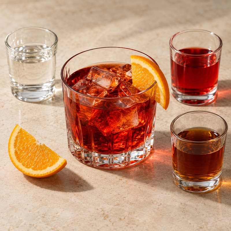 AI-generated illustration of a Negroni in a chilled rocks glass