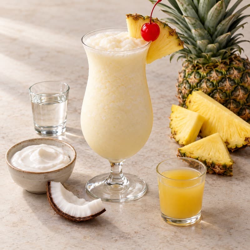 AI-generated illustration of a Piña Colada in a large hurricane / tall cocktail glass