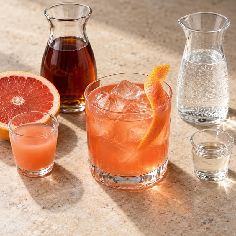 AI-generated illustration of a Tea & Grapefruit Aperitif in a rocks glass, approximately 300 ml