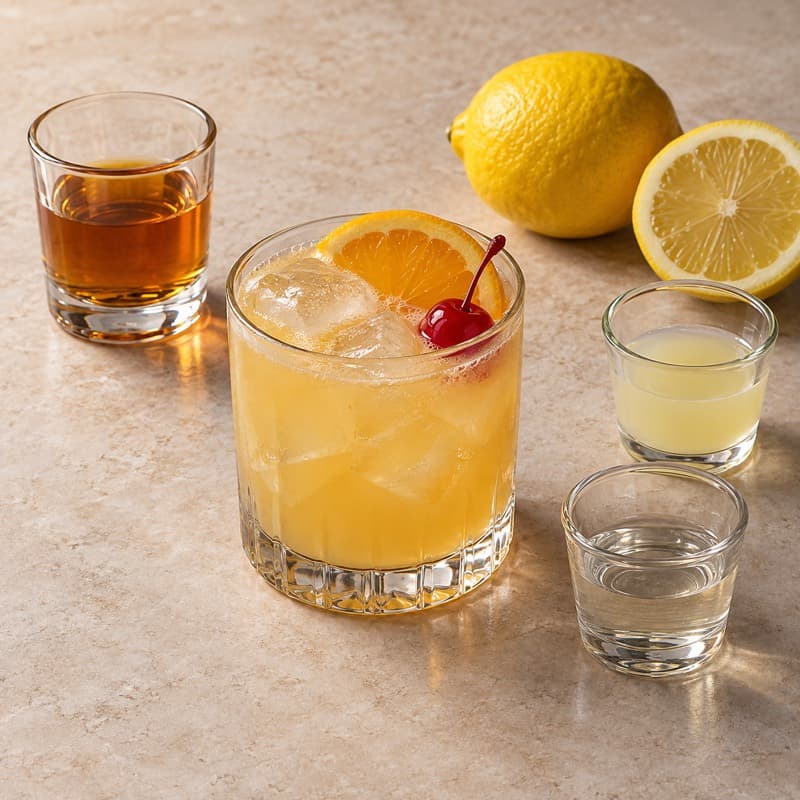 AI-generated illustration of a Whiskey Sour in a rocks glass for this on-the-rocks service