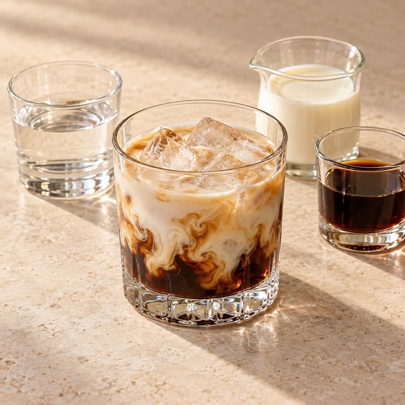 AI-generated illustration of a White Russian in a old fashioned glass