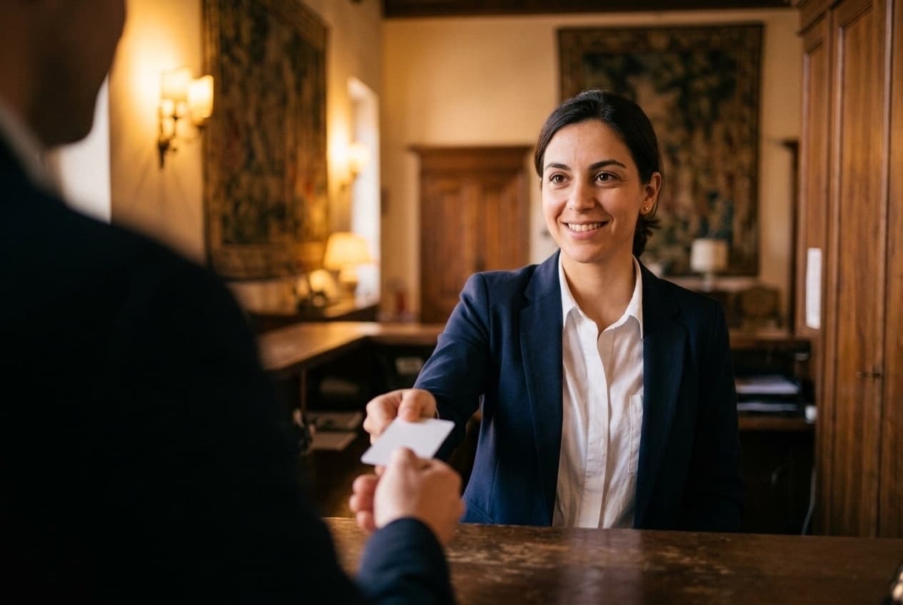 Receptionist completing guest check-in and keycard delivery