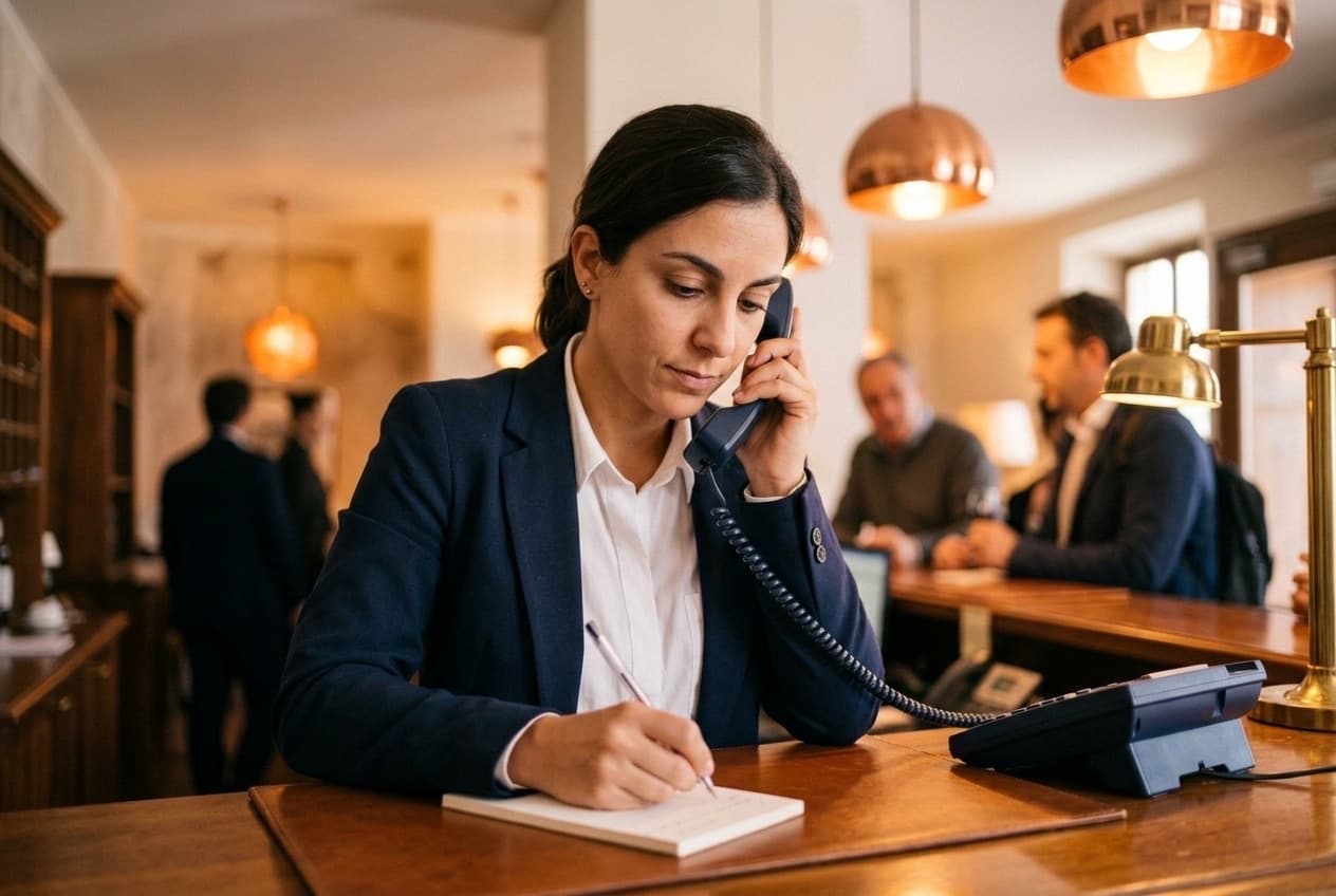 Front desk receptionist taking booking phone call
