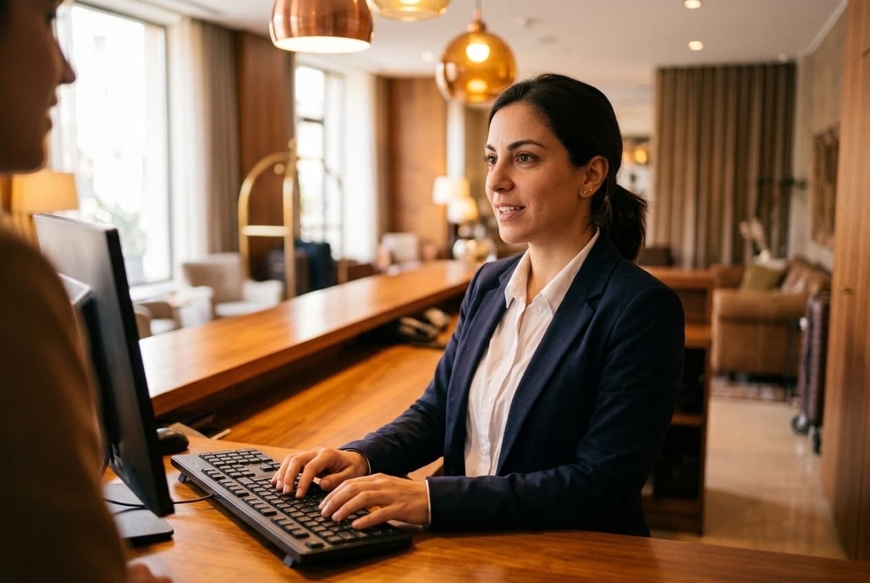 Hotel receptionist assisting guest at reception desk