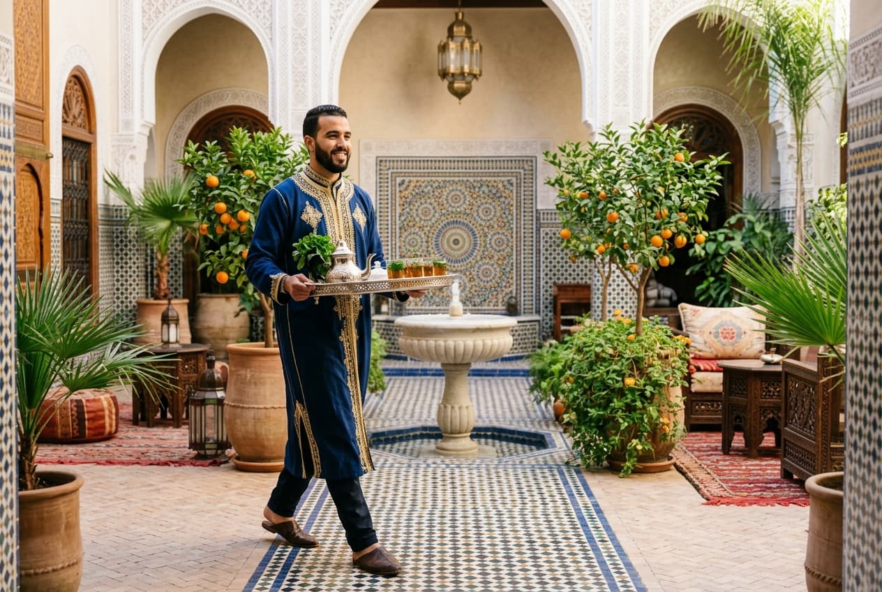 Moroccan hospitality professional carrying a traditional tea service tray across a sunlit luxury riad courtyard in Marrakech