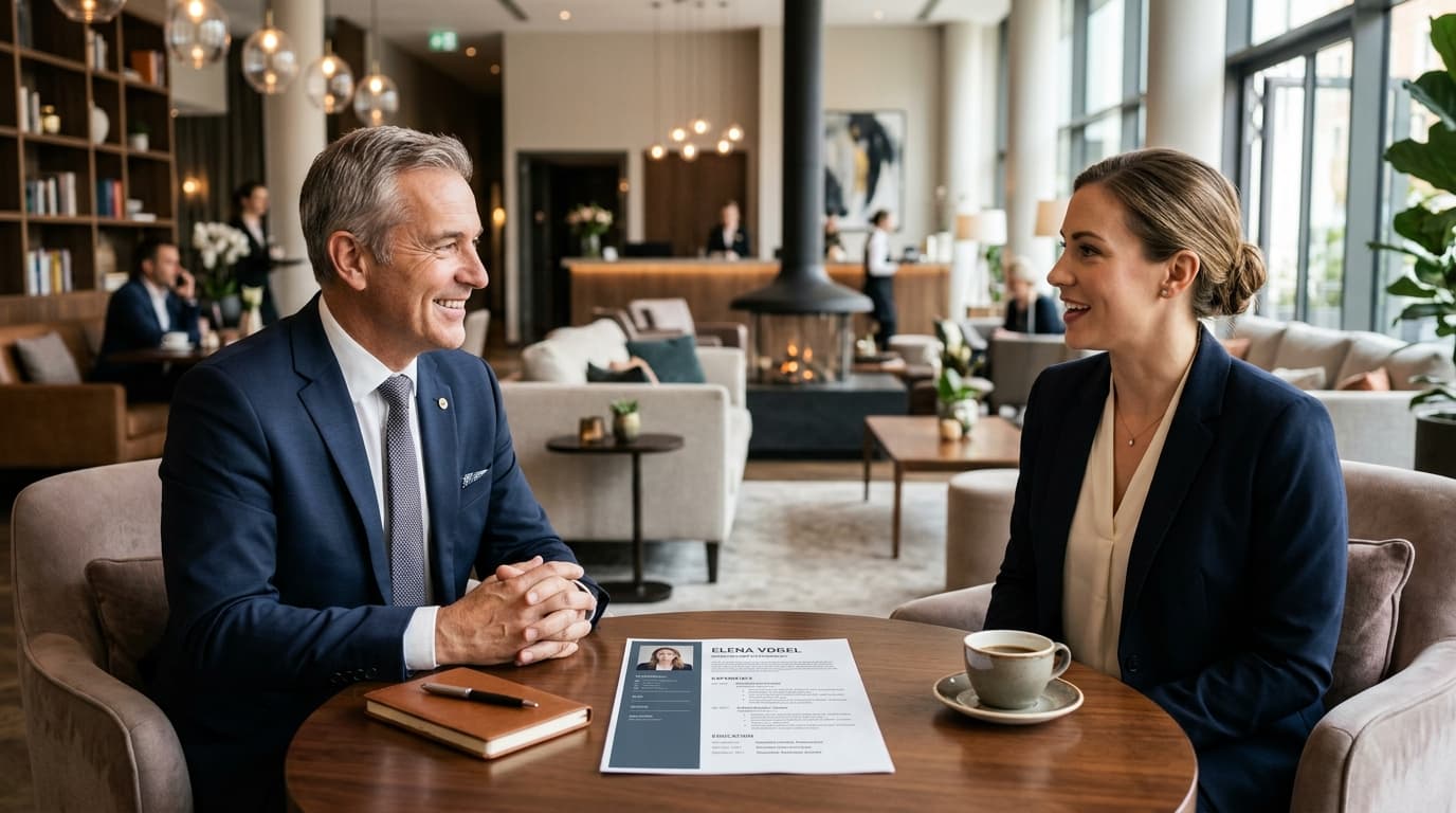 Hotel hiring manager reviewing CV application with candidate