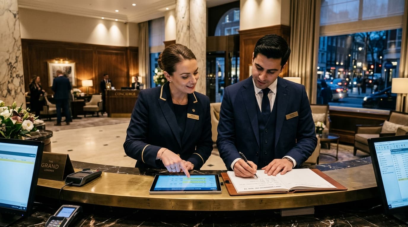 Two hotel receptionists coordinating shift handover at luxury hotel front desk