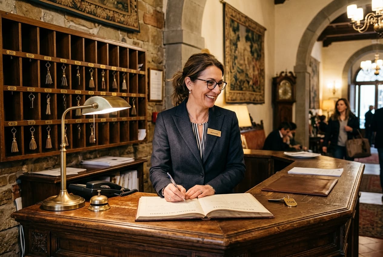 Professional hotel receptionist writing in check-in register at historic hotel front desk in Florence