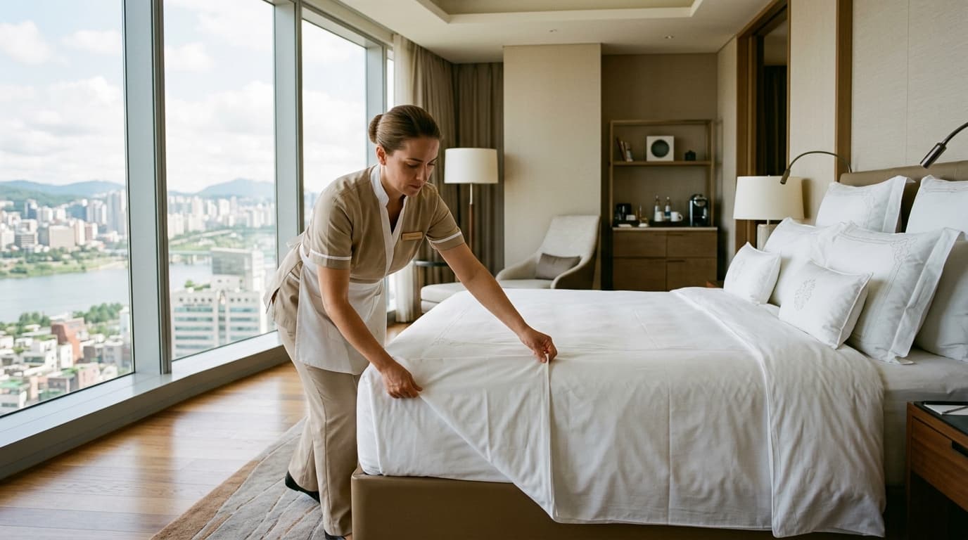 Hotel room attendant making bed with crisp hospital corners in luxury hotel room