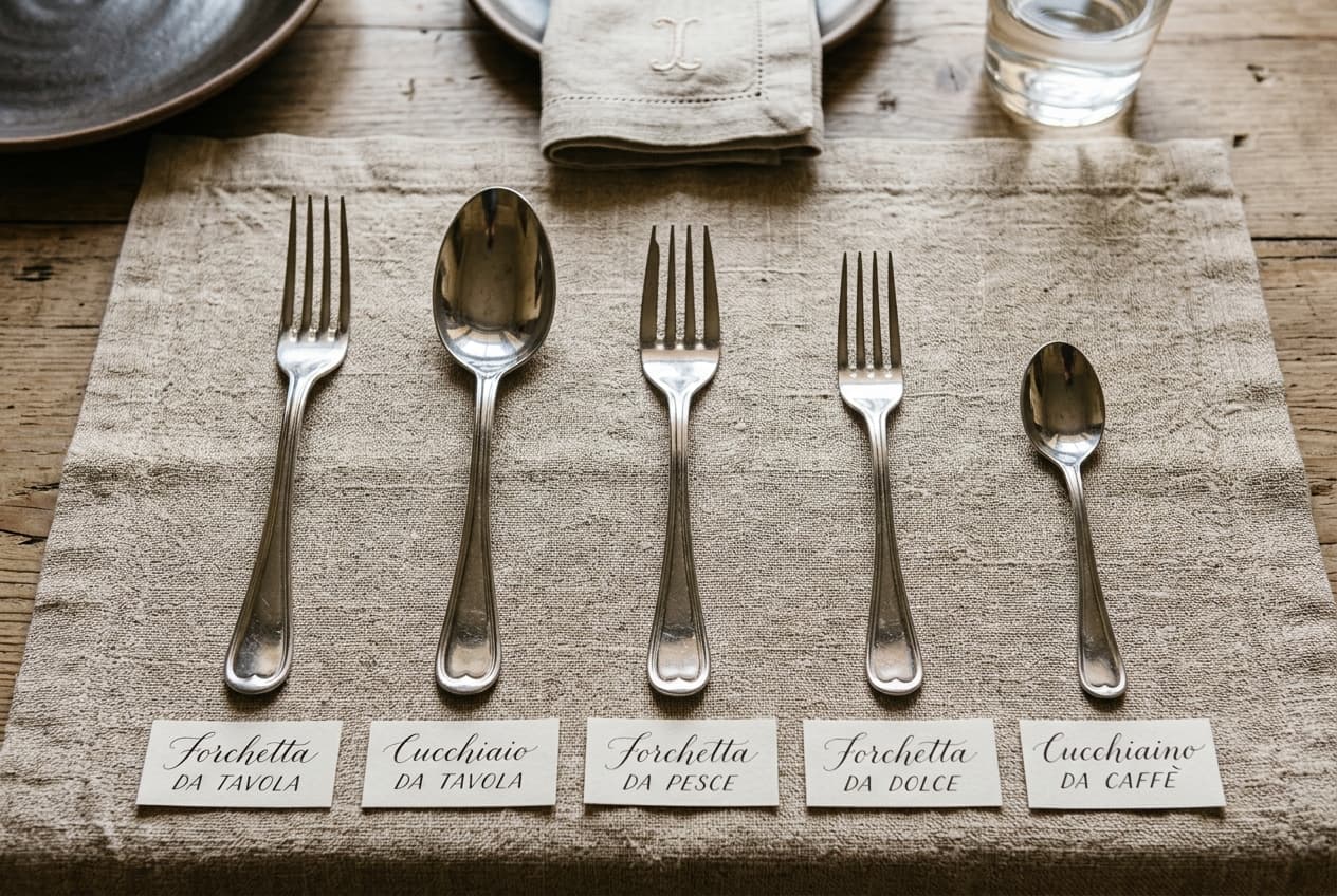 Italian dining cutlery: table fork, soup spoon, fish fork, dessert fork, and espresso spoon