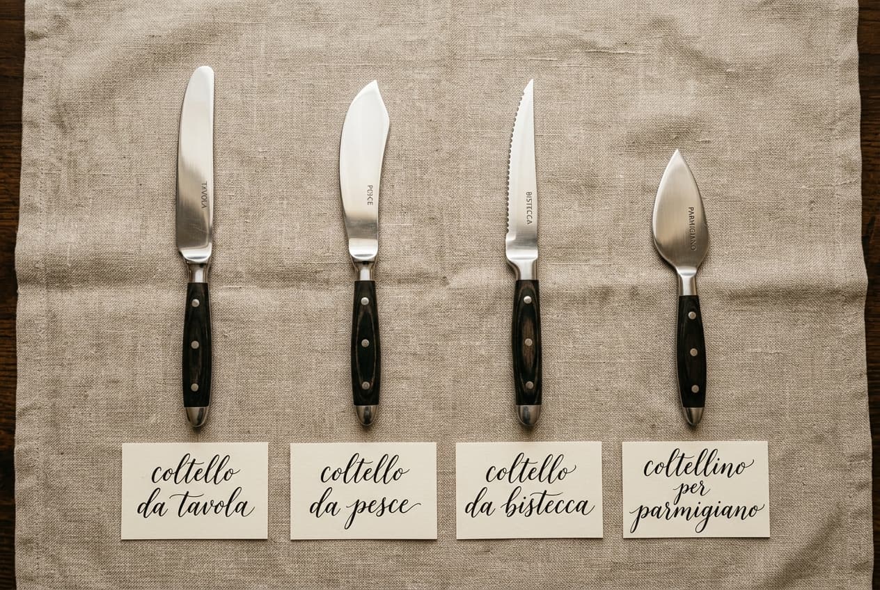 Italian dining knives: table knife, fish knife, steak knife, and parmesan almond knife