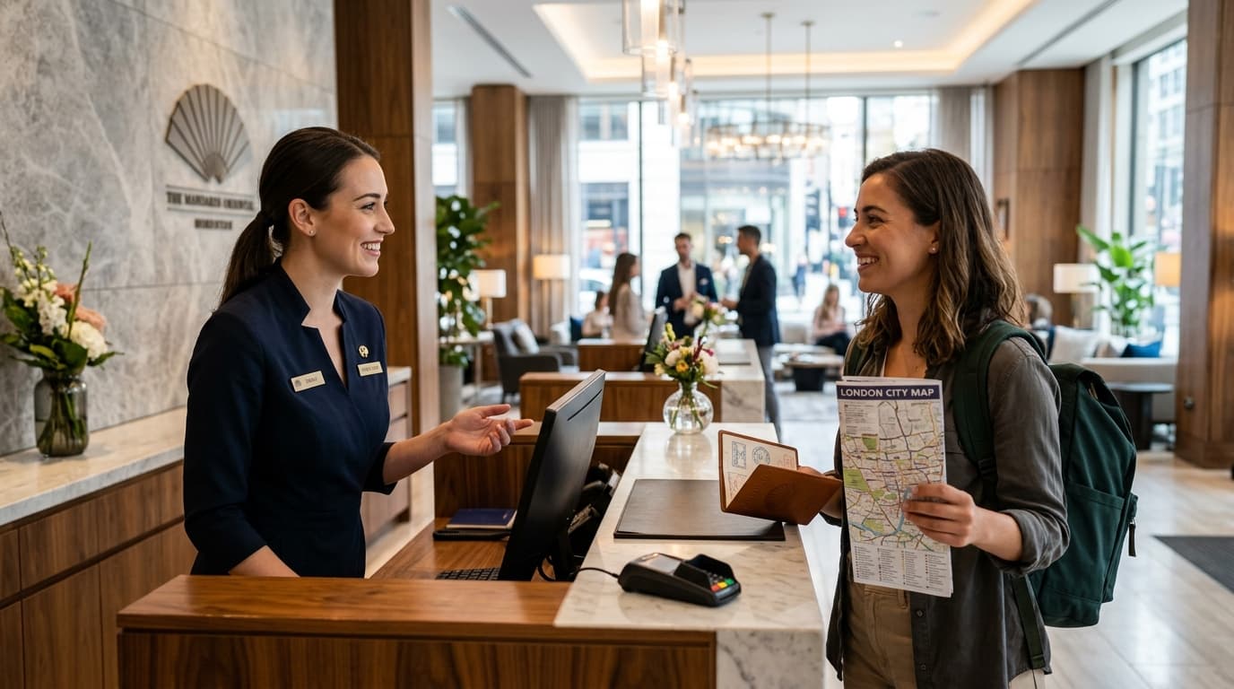 Front desk staff welcoming international traveler in hotel lobby