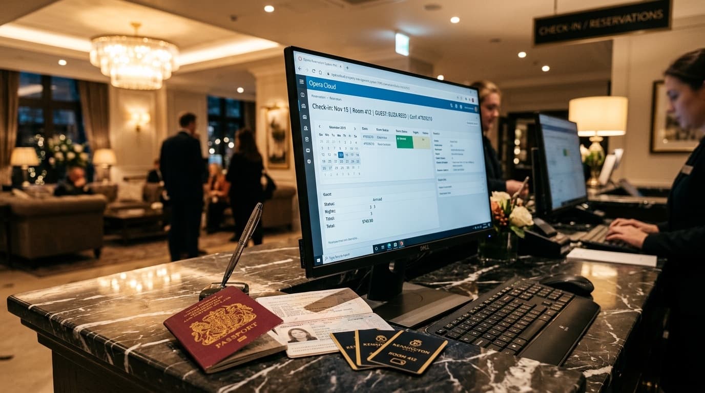 Property Management System software on hotel reception desk