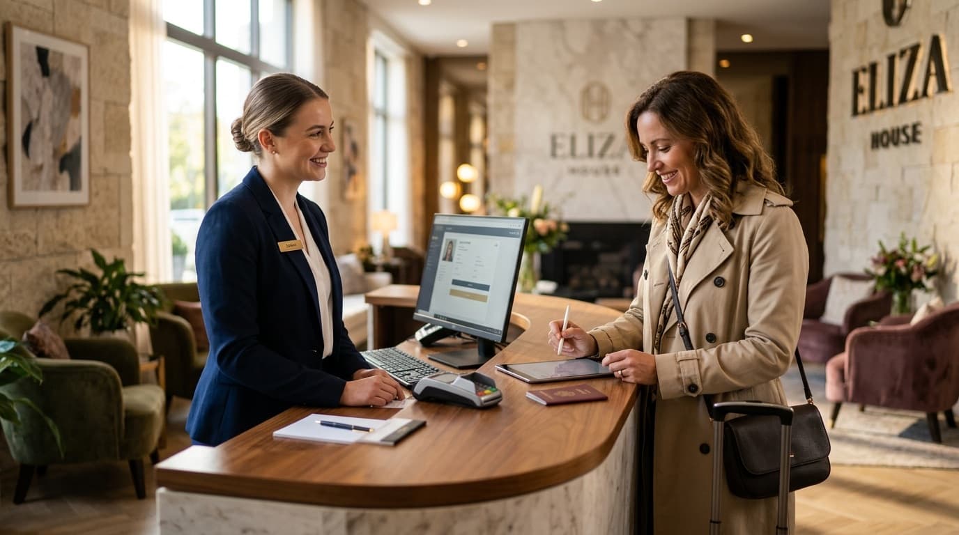 Hotel front office manager evaluating receptionist check-in sequence