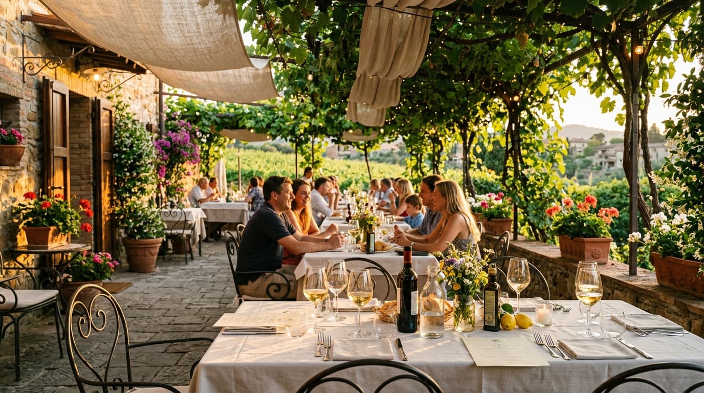Shaded outdoor dining terrace under vine pergolas in Italy