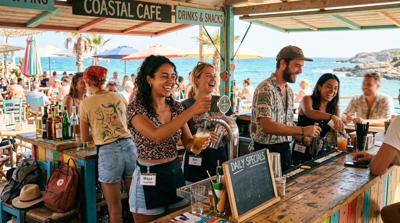 Young travelers working behind a sunny coastal beach bar