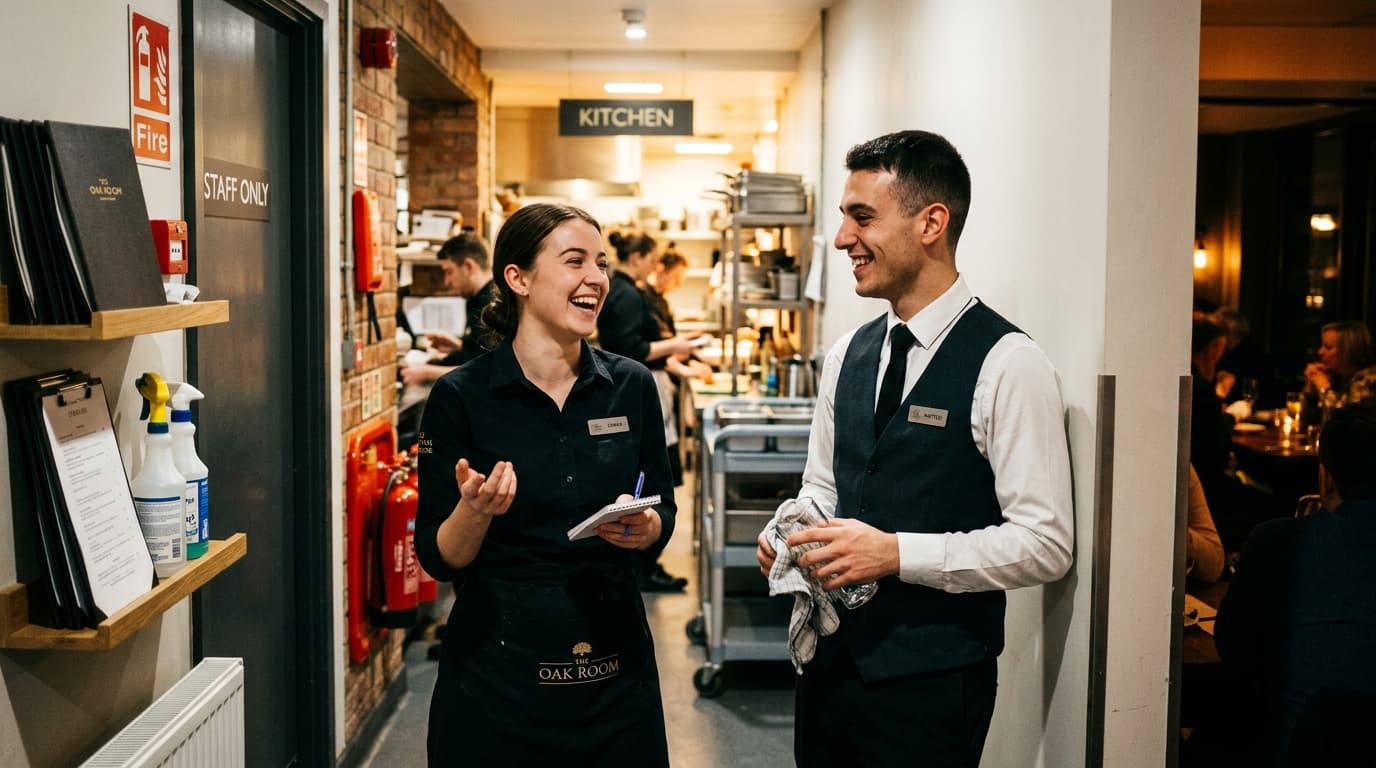 Young restaurant staff members in service uniforms