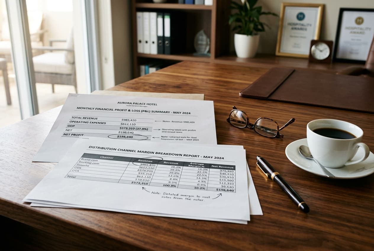 Printed hotel P&L financial summary report on wooden desk with glasses and coffee