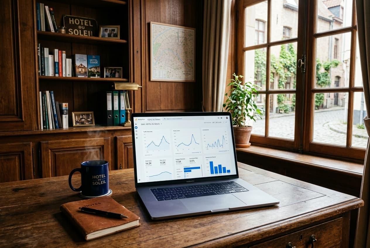 Hotel manager office desk with laptop displaying clean Google Analytics 4 performance charts