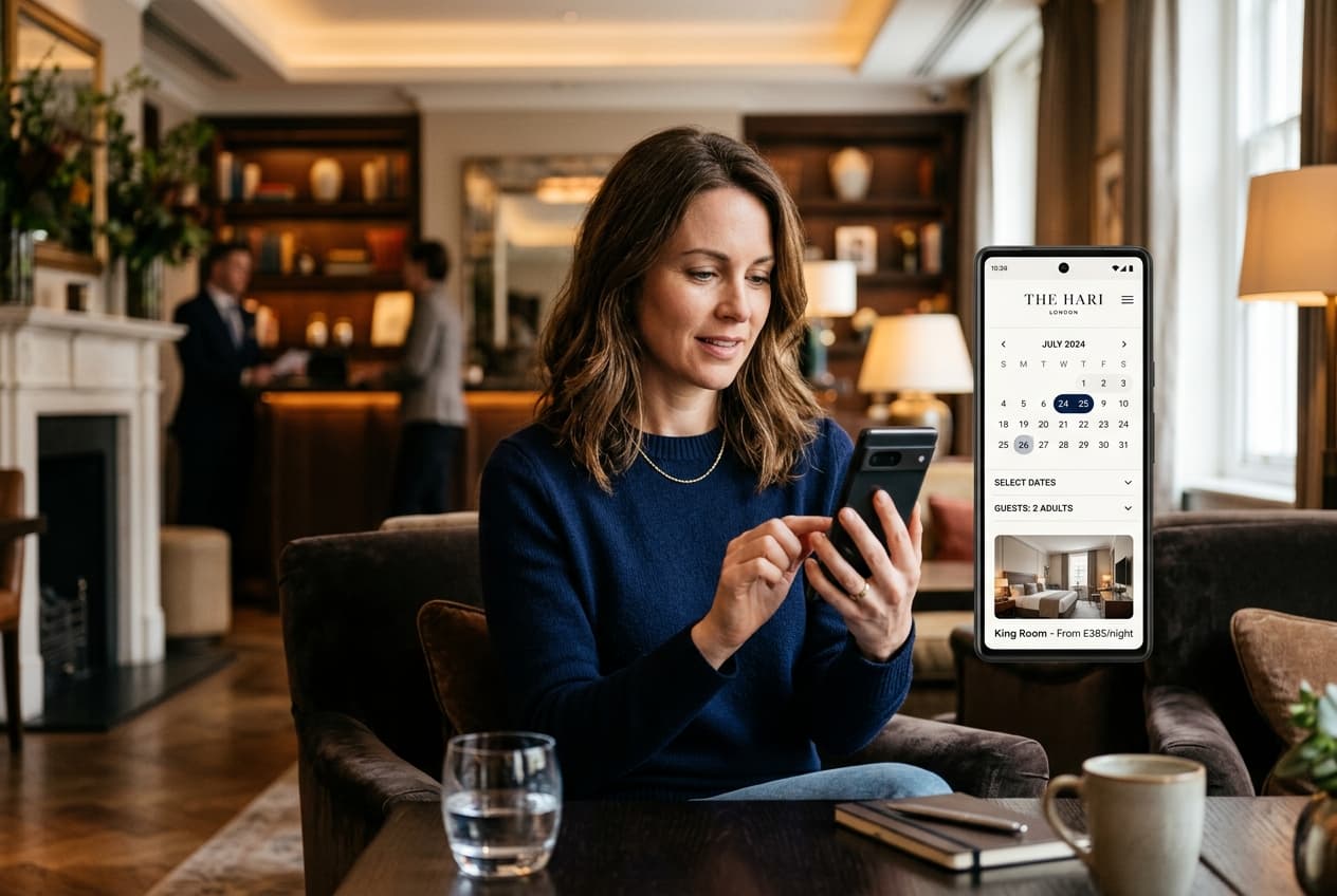 Hotel guest holding smartphone and interacting with boutique hotel booking calendar