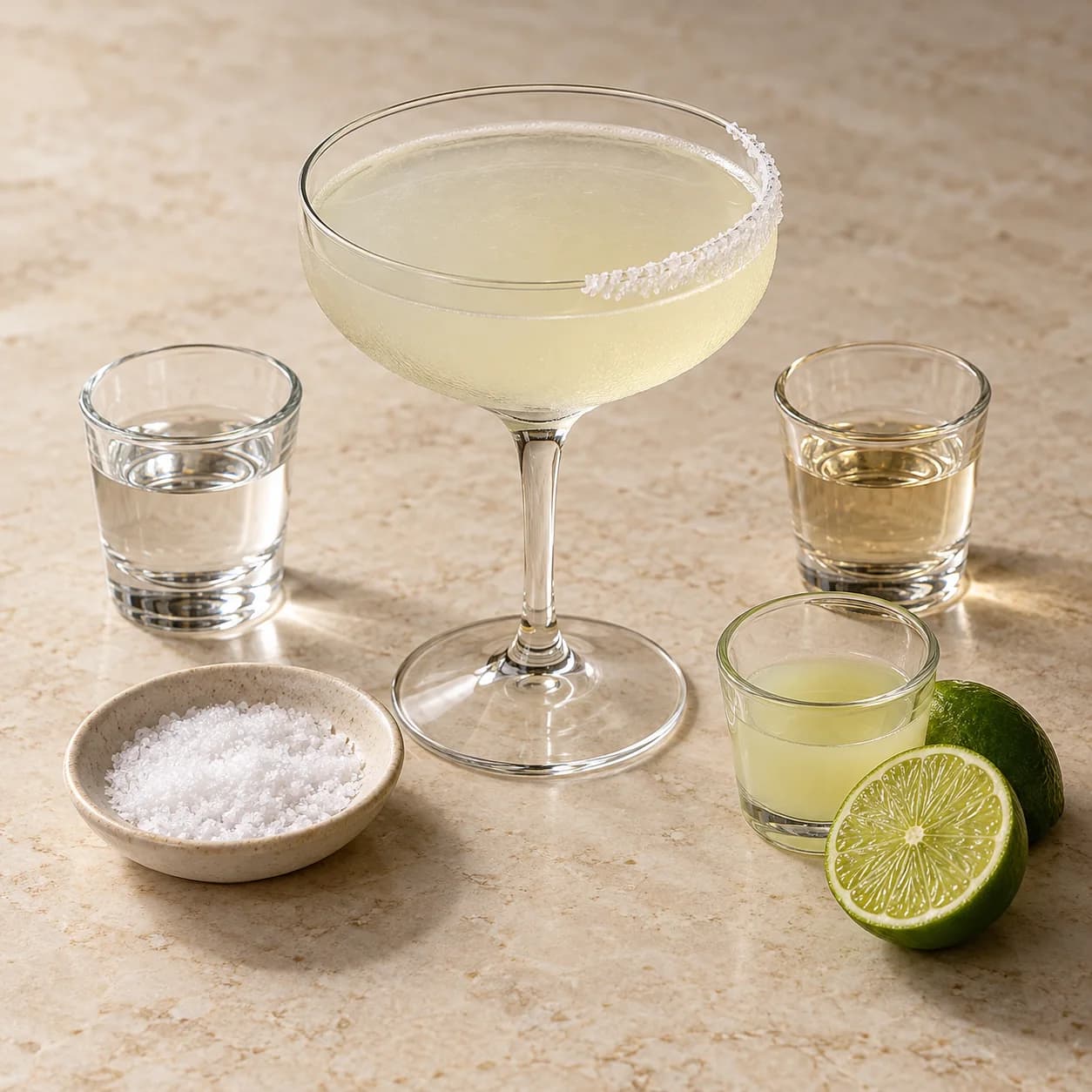 AI illustration of a pale Margarita in a coupe with an optional half salt rim, alongside tequila, orange liqueur and lime ingredients.