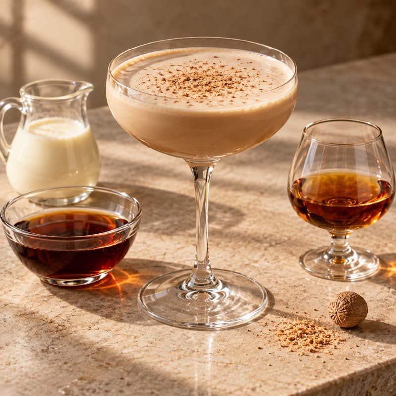 AI-generated illustration of a Alexander in a cocktail coupe