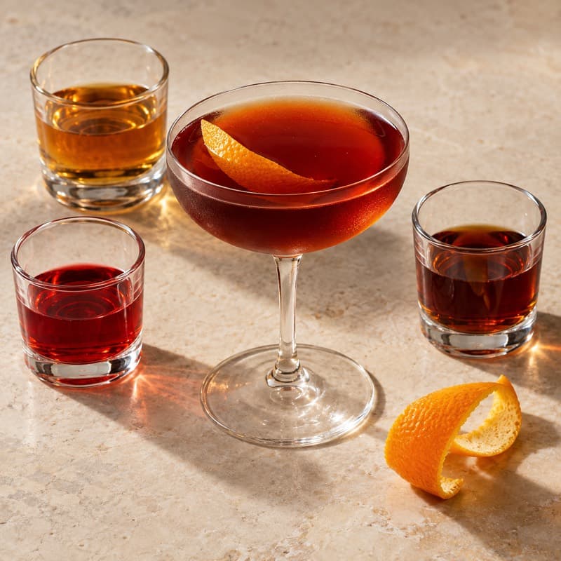AI-generated illustration of a Boulevardier in a chilled coupe / cocktail glass