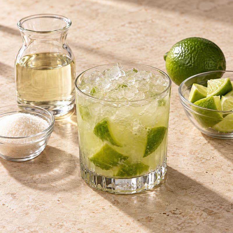AI-generated illustration of a Caipirinha in a double old fashioned glass