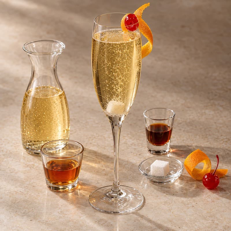 AI-generated illustration of a Champagne Cocktail in a large chilled champagne glass
