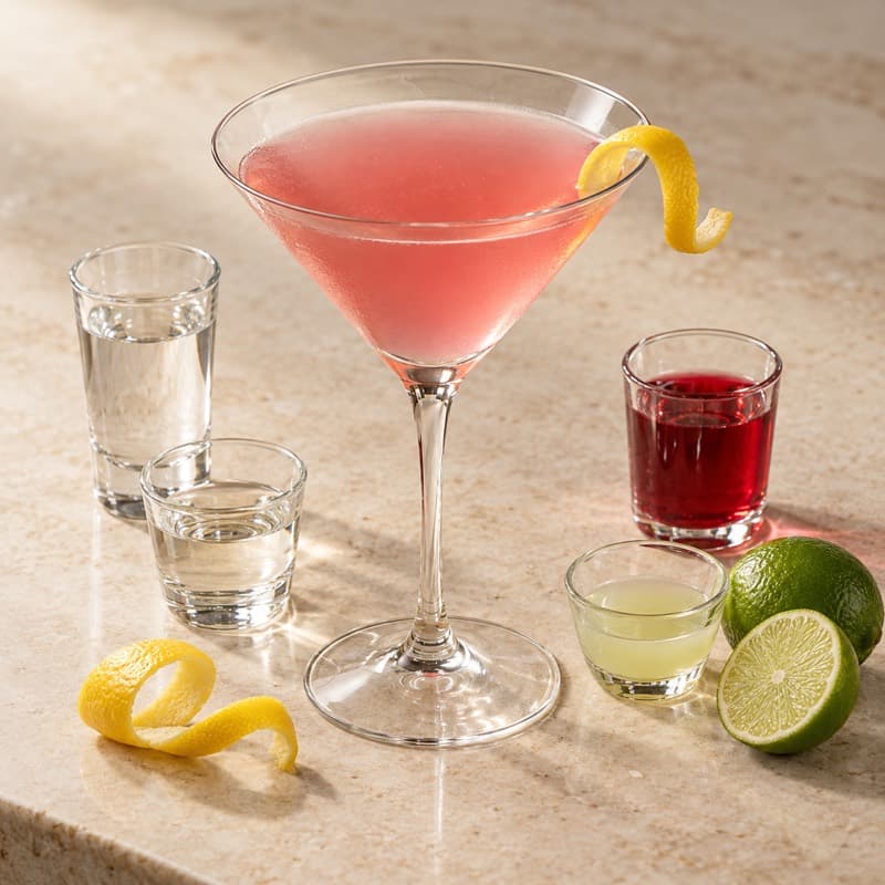 AI-generated illustration of a Cosmopolitan in a chilled large cocktail glass