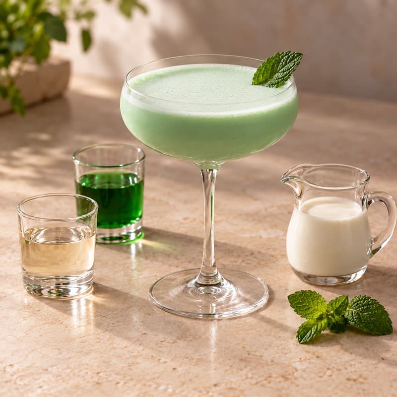 AI-generated illustration of a Grasshopper in a cocktail coupe