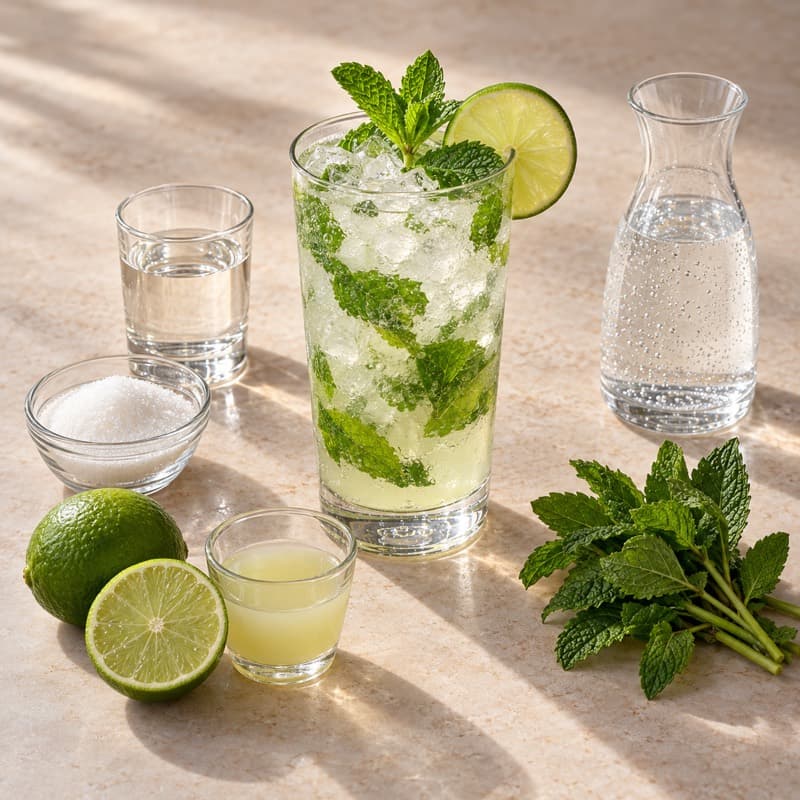 AI-generated illustration of a Mojito in a highball, large enough for herbs, liquids and ice