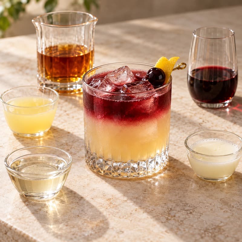AI-generated illustration of a New York Sour in a rocks glass