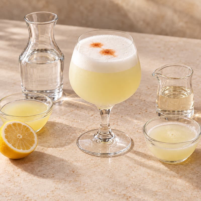 AI-generated illustration of a Pisco Sour in a chilled goblet