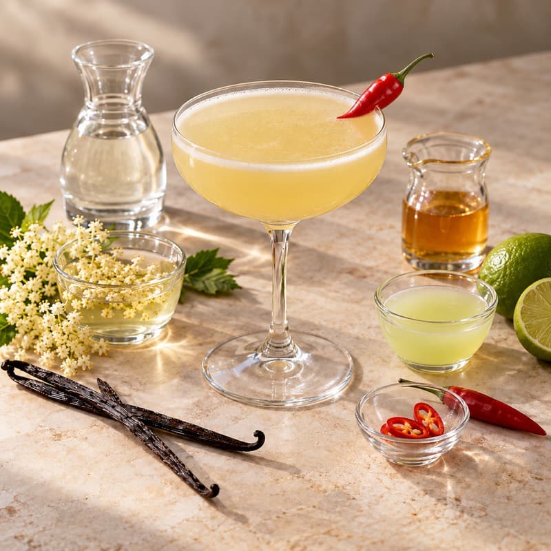 AI-generated illustration of a Spicy Fifty in a cocktail coupe