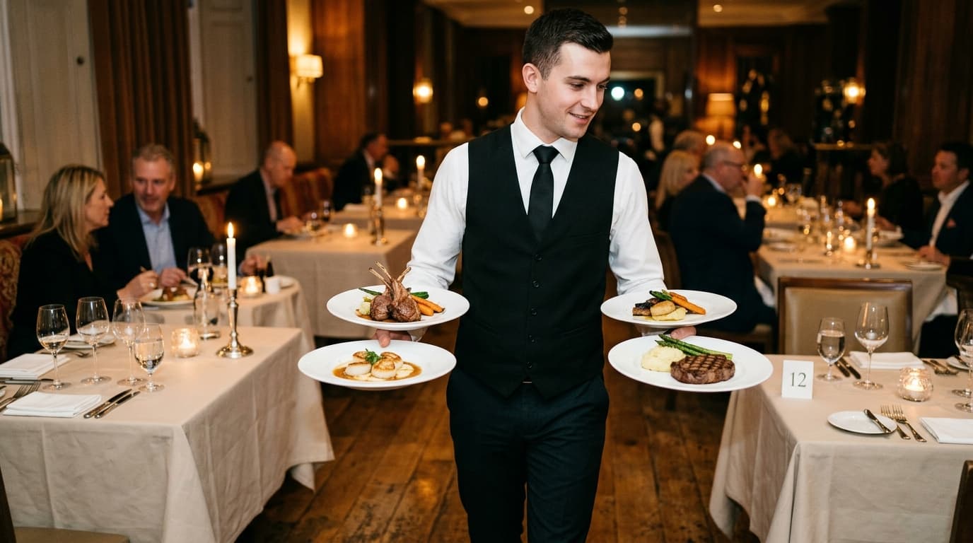 Hotel restaurant server carrying three plates in fine dining room