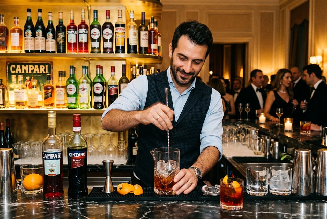 Italian bartender preparing an artisanal aperitivo cocktail at an elegant marble hotel bar in Milan
