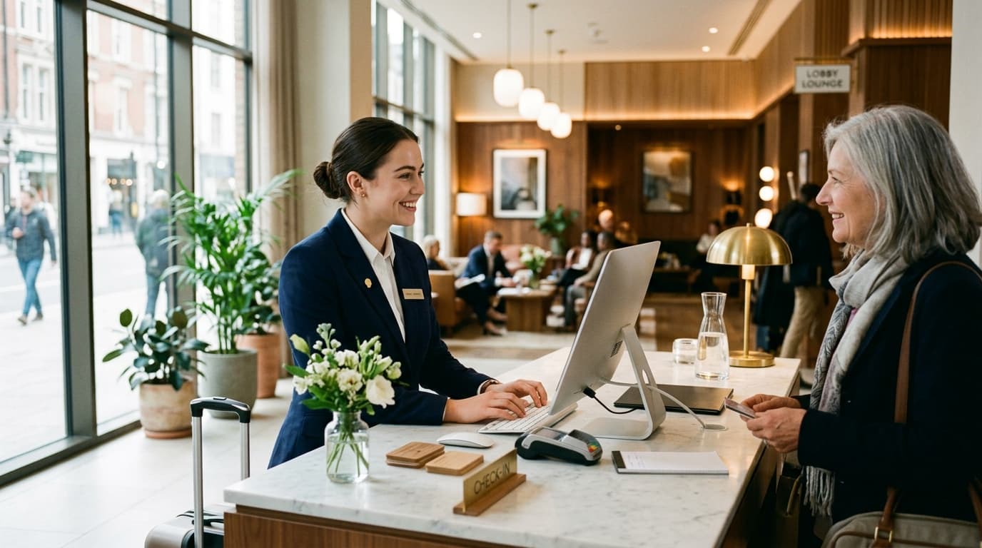 Hotel receptionist in navy uniform operating check-in terminal while greeting guest at front desk