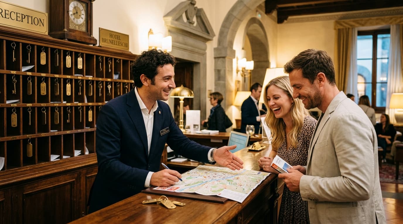 Receptionist di hotel che assiste clienti internazionali alla reception spiegando la mappa della città