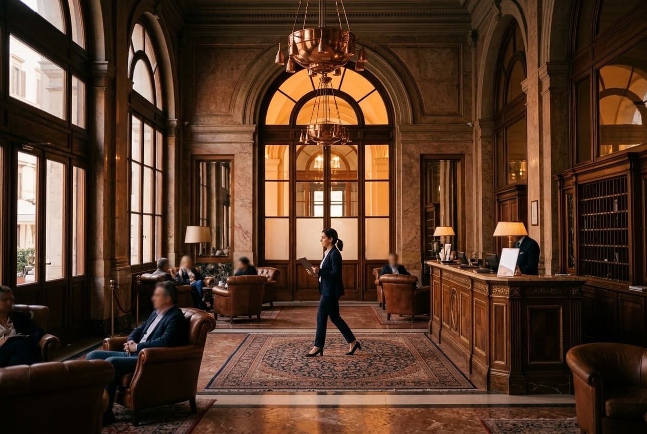 International hotel lobby with reception team